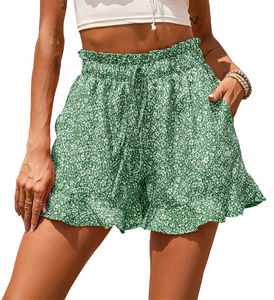 Shorts à taille haute pour femmes, imprimé floral, avec volants, coupe ample, style décontracté, taille élastique, tissu en mousseline - Product Image 4