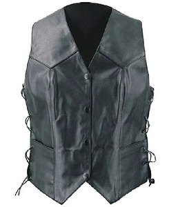 Chaleco de Motociclista para Mujer, Marca Rao Crafts, de Cuero Genuino, Cuello en V, Sin Mangas, con Cordones Laterales, Cierre de Cremallera, Color Sólido, Estilo Biker, Ecológico - Product Image 1