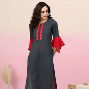 Kurta Recta de Algodón con Estampado Geométrico y Detalles de Espejo, Color Gris Azulado, Estilo Étnico Casual de Verano, Ropa Ecológica para Mujer - Product Image 1
