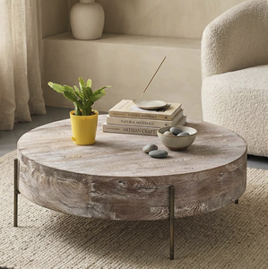 Tree Drum <b>Round</b> Acacia Wood Coffee <b>Table</b> With Distressed Natural Grain Finish Mid Century Modern Home Villa Center Sofa <b>Table</b> - Product Image 4