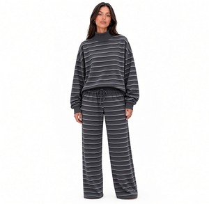 Ensemble de détente confortable pour femme : haut à col montant et manches longues, pantalon large assorti – Tenue décontractée pour tous les jours - Product Image 2
