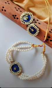 Handcrafted <b>Blue</b> Fabric Choker Set Three Strand Pearl Fashion Jewelry <b>Necklace</b> Kundan Stud Earrings Ethnic Jewelry Wholesale B2B - Product Image 2