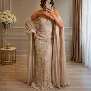 <b>Pearl</b> Embellished Mermaid Floor-Length Beaded Satin Evening Gown Draped Cape Shoulder Formal Prom <b>Dress</b> Elegant Red Carpet Party - Product Image 2