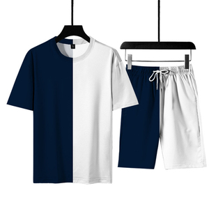 Conjunto de Camiseta y Pantalones Cortos para Hombre, Cuello Redondo, Color Azul Marino y Blanco, Estilo Casual de Verano, Transpirable, 100% Algodón, Ligero, Corte Regular - Product Image 1