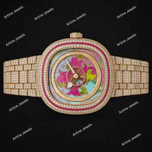 Gold Crystal Floral Dial <b>Watch</b> Pink Green Artistic Luxury Timepiece For Women Elegant Fashion Statement Gift Accessory - Product Image 3