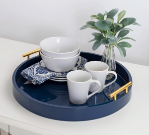 Modern Round Metal Decorative Tray <b>Navy</b> Blue Finish with Gold Handles for Coffee Table Use - Product Image 6