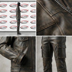 ELL!PSE Conjunto de Chaqueta y Pantalones de Cuero para Hombre, Manga Larga, Cuello Abatible, Resistente al Viento, Informal, de Invierno, Conjunto de Cuero Grueso - Product Image 4