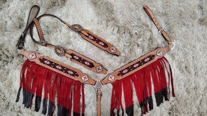 Croix rouge perlée frange cheval Tack ensemble complet tête poitrine plaque en cuir véritable léger saisonnier cheval débarrasser équipements - Product Image 2