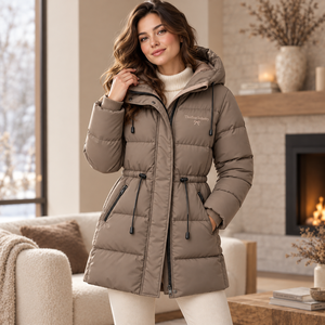 Thorfinn Industry <b>Women</b> Hooded Long Quilted Puffer <b>Jacket</b> Winter <b>Brown</b> Zip Up Drawstring Waist Coat Wholesale Rate Custom - Product Image 5
