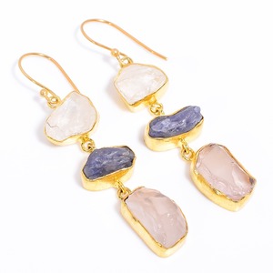 Excellent Three Stone Fancy Shape Ruby Green Kyanite Gemstone Brass <b>Earrings</b>, Indian <b>Gold</b> Plated Brass Jewelry - Product Image 4