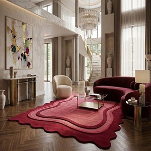 Alfombra de Lujo Roja Irregular, Alfombra Moderna de Lana Hecha a Mano, Alfombra Ondulada, Alfombra Suave y Afelpada para Sala de Estar, Dormitorio, Decoración Contemporánea - Product Image 5
