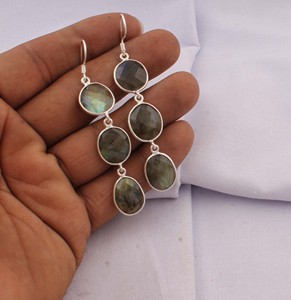 Boucles d'oreilles pendantes vintage en argent sterling 925 avec labradorite naturelle, sertissage clos, pour fiançailles, mariage, multi-pierres, cadeau unisexe pour femme - Product Image 5