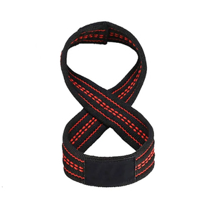 Correa de levantamiento de pesas en forma de 8, de nailon negro con costuras rojas, cierre de velcro, ajustable, para gimnasio, unisex. - Product Image 1