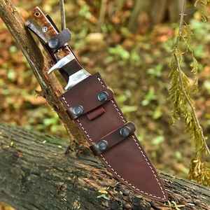 Cuchillo de hoja fija de Damasco hecho a mano con mango de cuerno de carnero, para camping, caza, supervivencia, uso general, con funda de cuero, para colección. - Product Image 6