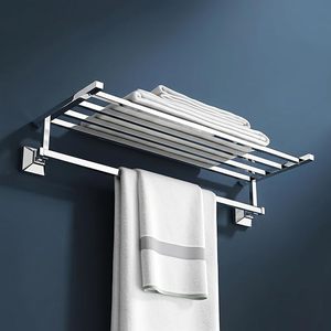 Porte-serviettes mural en acier inoxydable double couche, finition poli miroir, 4 barres, étagère de rangement, design minimaliste pour salle de bain - Product Image 1