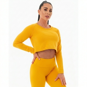 Haut de sport respirant pour femme en jersey polyester/coton, coupe courte, manches longues, extensible et doux, idéal pour l'entraînement et le fitness - Product Image 2