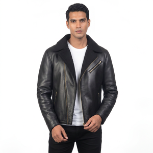 Veste en cuir noire pour homme avec doublure, fermeture éclair, col rabattable, coupe-vent, vêtements d'hiver - Product Image 5