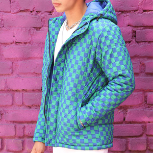 Men's Blue Green Plaid Hooded Puffer Jacket Windproof Casual Winter Outerwear Regular Fit Zipper Closure Polyester Shell - Product Image 4