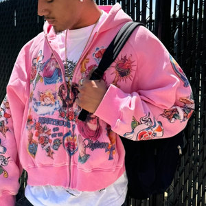 Boxy Dtg All Over Custom Print Full <b>Zip</b> <b>Hooded</b> Sweatshirt Zipper Oversized Heavy Weight 100% Cotton Graphic Drop Shoulder Hoodie - Product Image 4