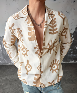 Chemise en lin imprimée à manches longues, boutonnée, décontractée, pour homme, en coton, à col - Product Image 1