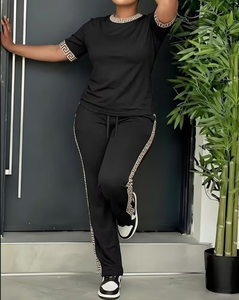 Women 2-Piece Knitted Set Black Short Sleeve Top With Geometric Print Side Stripe Pants Casual All Seasons Loose Fit - Product Image 1