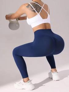 High Waist Seamless Yoga <b>Leggings</b> Full Length Blue Ruched Butt Design Four-Way Stretch Sport Pants - Product Image 4