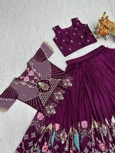 Designer Royal Wine Printed Lehenga Choli with Embroidered <b>Jacket</b> Set | Festive Wear Traditional Navratri & <b>Wedding</b> Garba Chan - Product Image 3