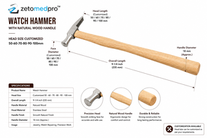 Marteau d'horloger avec manche en bois naturel, têtes de 50, 60, 70, 80, 90, 100 mm, tête de 9-1/4 pouces, marron argenté, Zetomed Pro - Product Image 2