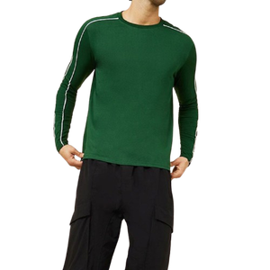 Camiseta de Manga Larga para Hombre, Color Verde Sólido, Cuello Redondo, Tejido de Punto, Estilo Casual, Ribete en Contraste, Corte Regular - Product Image 1