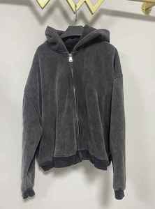 Sweat à capuche zippé vintage délavé à l'acide pour homme, coupe oversize streetwear, en coton épais 100%, imprimé animal, coupe carrée, gris anthracite, style rétro - Product Image 5
