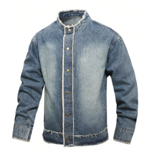 Veste en jean vintage pour homme, à manches longues, séchage rapide, respirante, col montant, boutonnée, détails effilochés, pour l'automne et l'hiver - Product Image 1