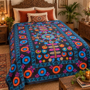 Cubrecama de Lujo Hecho a Mano con Bordado Suzani, de Algodón, Negro Multicolor, Floral, Boho, Étnico Indio, Decoración para el Hogar - Product Image 5