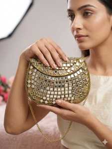 Bolso de Mano Metálico Artesanal Tradicional MS Handicraft, con Diseño Troquelado, Incrustaciones de Mosaico y Joyas, Esmaltado y Bañado en Oro, Regalo de Boda - Product Image 4