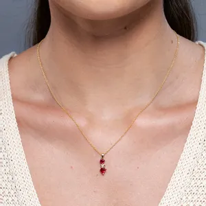 Pendentif triple cœur en or pur 14 carats avec rubis rouge naturel et diamant, bijoux fins romantiques, cadeau d'anniversaire pour elle - Product Image 4