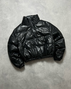 Wholesale High Quality Black PU Leather <b>Puffer</b> <b>Jacket</b> Custom <b>Cropped</b> Stand Collar Button Front Oversized Warm Winter Bubble Coat - Product Image 4