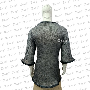 Medieval Mild Steel Half Sleeve Chainmail Shirt <b>Flat</b> Riveted with Washer Ring with Leather Trim Haubergeon Armor for Adult Wear - Product Image 4