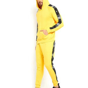 Men's Yellow Hooded Tracksuit With <b>Black</b> Bandana Side Stripes Casual Full Length Sweatshirt And Pants Set Autumn Wear - Product Image 3