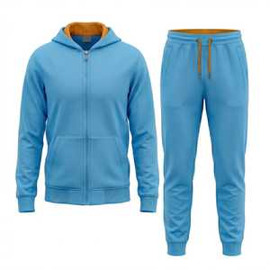 Unisex Blue Hooded Tracksuit Full Zipper Solid Color Casual Sweatshirt and Pants <b>Set</b> with Side Pockets for Adults Autumn Wear - Product Image 1
