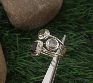 Bague de mariage en argent sterling 925 avec grenat naturel, péridot, topaze bleue, multi-pierres, bijoux de naissance, rangée arc-en-ciel, pour femmes - Product Image 5