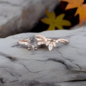 925 Sterling <b>Silver</b> Rose <b>Silver</b> Black Rutilated Quartz Engagement <b>Ring</b> <b>Set</b> Moissanite Diamond Vintage Bridal Women Wedding <b>Ring</b> - Product Image 1
