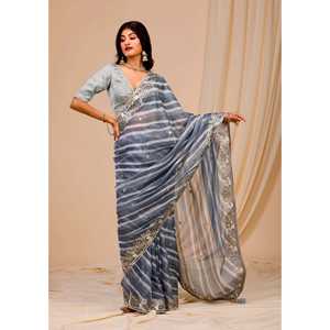 Sari con Estampado Digital de Diseñador con Bordado, Ropa India y Pakistaní - Product Image 5