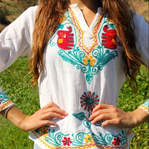 Blusa india vintage bordada estilo gitano, de algodón gasoso, con cuello en V, manga corta y estampado floral, ideal para celebraciones de verano. - Product Image 1