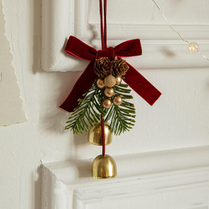 Ornements de Noël à suspendre : clochettes, nœuds en velours, cônes de pin, clochettes dorées – Décoration festive pour portes et murs, idéale pour les fêtes. - Product Image 1