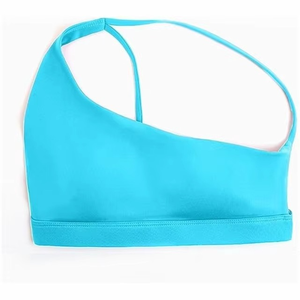 Women Seamless Knitted Sports Bra Blue Racerback Halter <b>Wire</b> Free Full Cup Sporty Workout Top Summer Breathable Machine Washable - Product Image 3