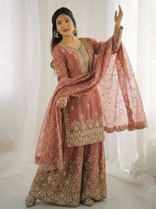 Designer GMY <b>Silk</b> <b>Kurta</b> Set Embroidery Sequence Work with Palazzo and Dupatta Ready to Wear Traditional Outfit for Women - Product Image 5