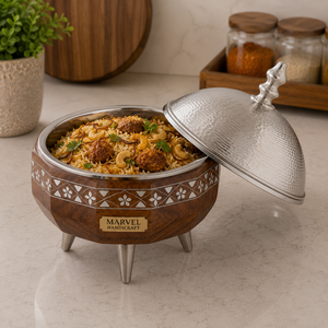 Casserole isotherme en bois de qualité supérieure Marvel Handicraft avec couvercle en acier inoxydable martelé |   Bol chauffe-plats de luxe - Product Image 3
