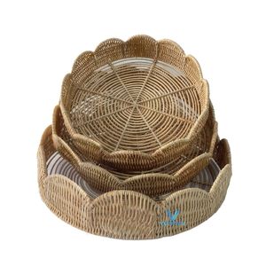 VIETRUSTIC Handmade Rattan Serving <b>Tray</b> Floral Pattern Natural Wicker Decorative Storage <b>Basket</b> for Dining Table Coffee Table - Product Image 1