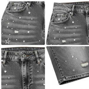 Men's Summer Casual Denim Shorts Solid Color <b>Washed</b> Rhinestone Embellishment Custom Logo Loose Fit Elastic Waist Latest Design - Product Image 5