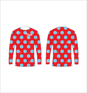 Maillot de sport personnalisé à manches longues en sublimation, léger, avec motif à pois rouges et bleu clair, fournisseur de vêtements en gros - Product Image 1