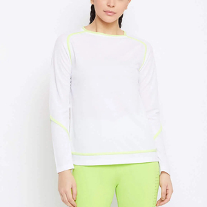 Women <b>Long</b> <b>Sleeve</b> Crew Neck <b>T</b>-<b>Shirt</b> <b>White</b> With Neon Green Trim Sporty Quick Dry Knitted Polyester Regular Fit Spring Summer - Product Image 2